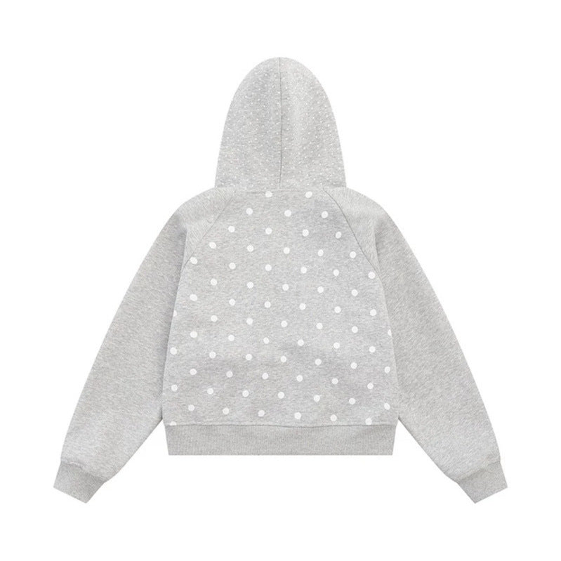 Damen Kapuzen‑Sweatjacke mit Rüschenkapuze, Polka‑Dot‑Muster und Zierschleifen Drune