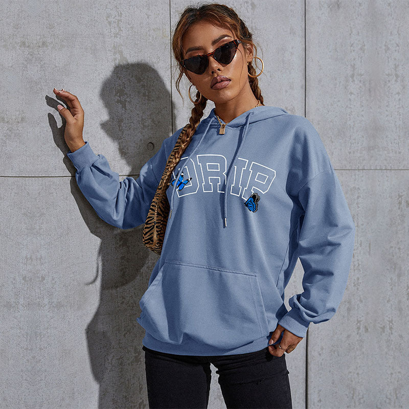 Damen Oversize-Kapuzenpullover mit Kängurutasche und Schmetterling-Stickerei Drune