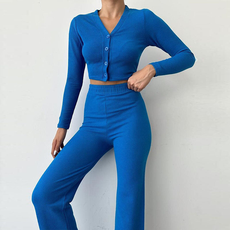 Damen modisches Cropped-Set mit langärmligem Oberteil und weiter Hose Drune