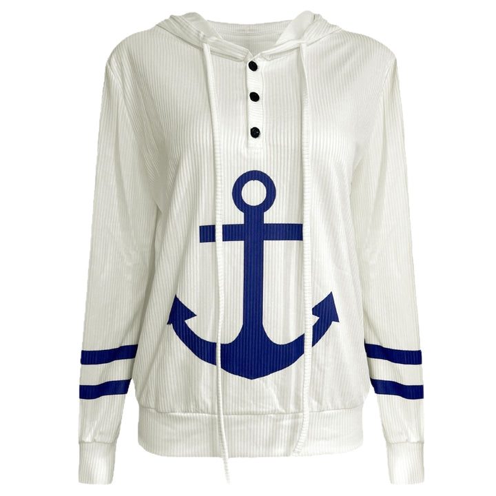 Damen Maritimes Kapuzen-Tunika-Shirt mit großem Ankerprint und Crinkle-Struktur Drune