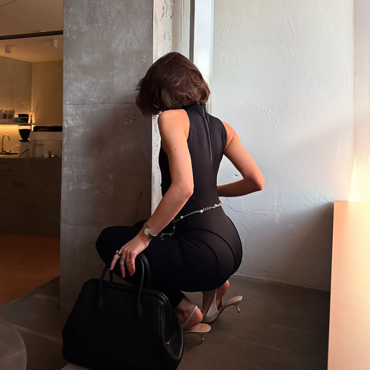 Damen Eleganter Bodycon-Jumpsuit mit herzförmigem Ausschnitt und hoher Kragen Drune