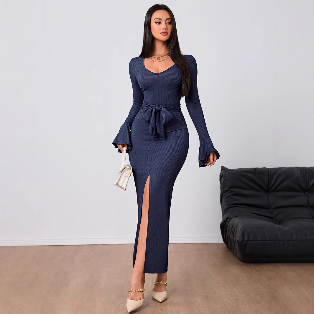 Damen figurbetontes Maxikleid mit V-Ausschnitt Trompetenärmeln Taillenband und hohem Seitenschlitz Drune