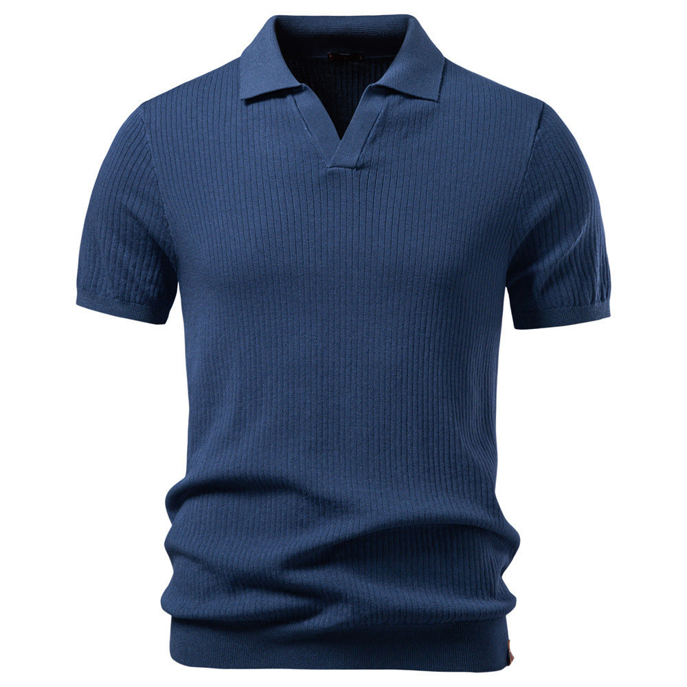 Herren nan fein geripptes Kurzarm-Poloshirt mit offenem Kentkragen Drune