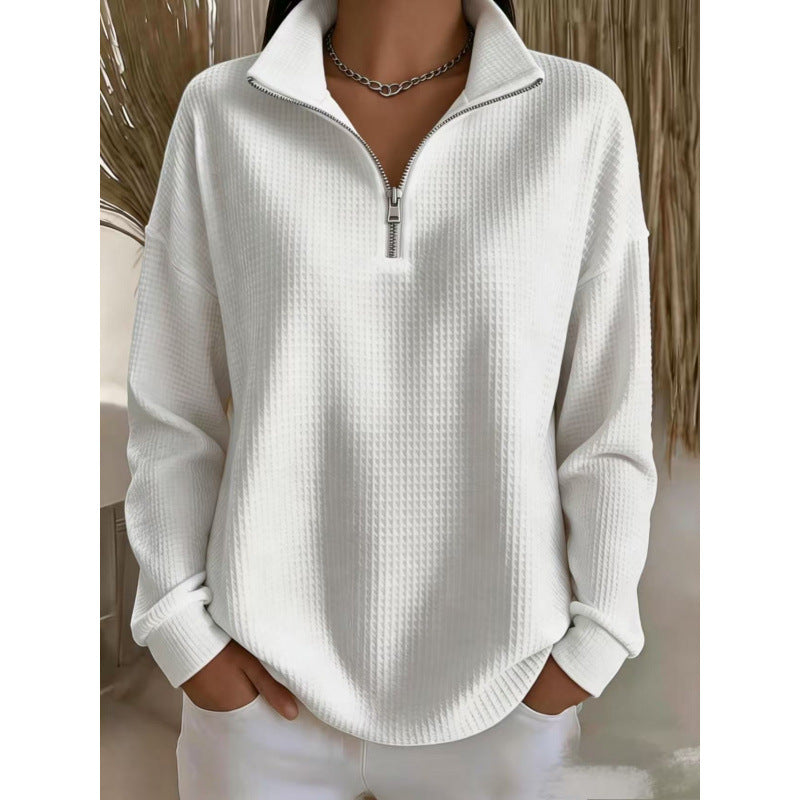 Damen Waffelstrick-Sweatshirt mit halbem Reißverschluss und Stehkragen Drune