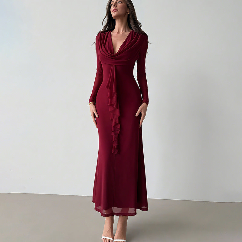 Damen Elegantes Maxikleid mit tiefem V-Ausschnitt und Rüschendetail Drune