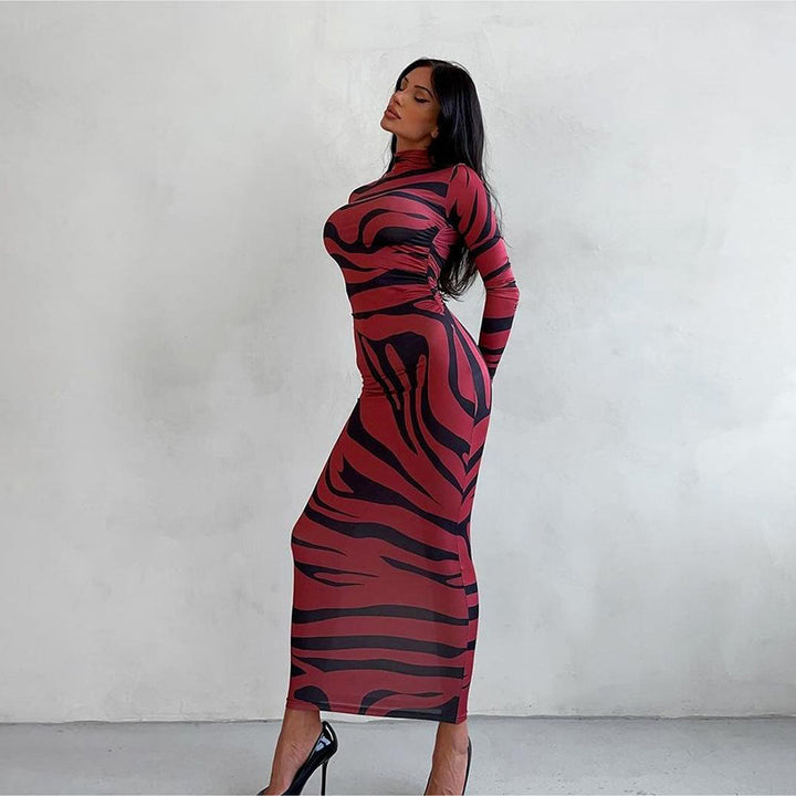 Damen Elegantes transparentes Maxikleid mit Leopardenmotiv und langem Arm Drune
