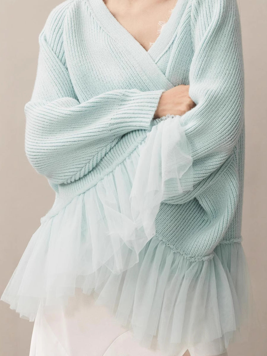 Damen Modischer Strickpullover mit Tülldetails