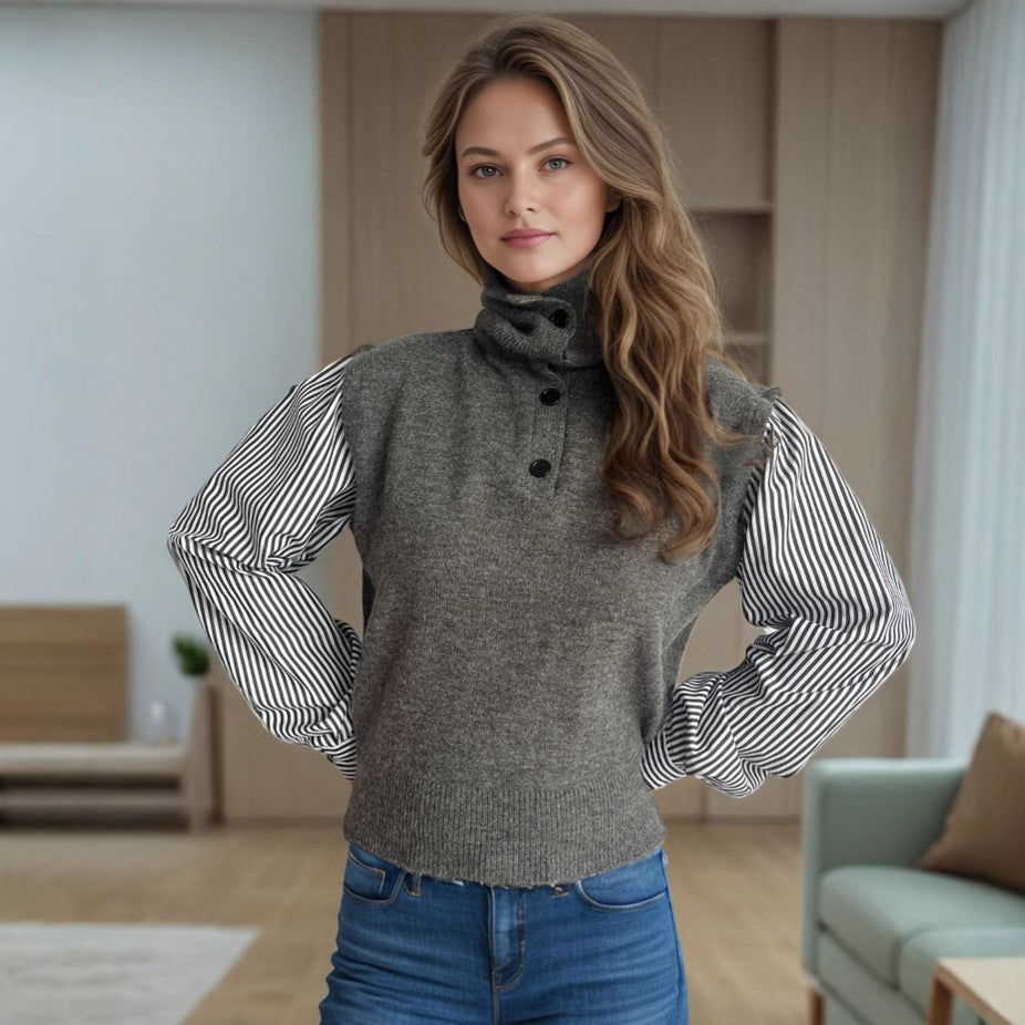 Damen Strickpullover mit eleganten Puffärmeln und modernem Stehkragen Drune
