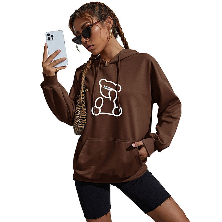 Damen Oversize-Kapuzenpullover mit Teddy-Grafik, Kängurutasche und Tunnelzug Drune