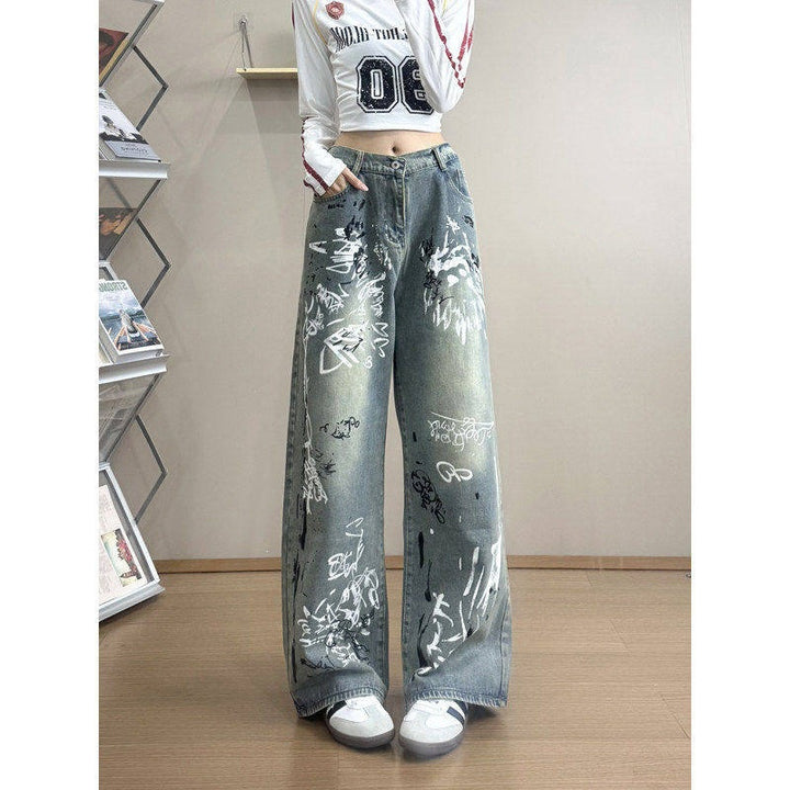 Damen Stylische Oversized Jeans mit grafischem Print Drune