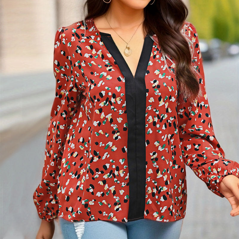 Damen Locker geschnittene V-Ausschnitt-Bluse mit kontrastierter Zierblende und Allover-Print Drune