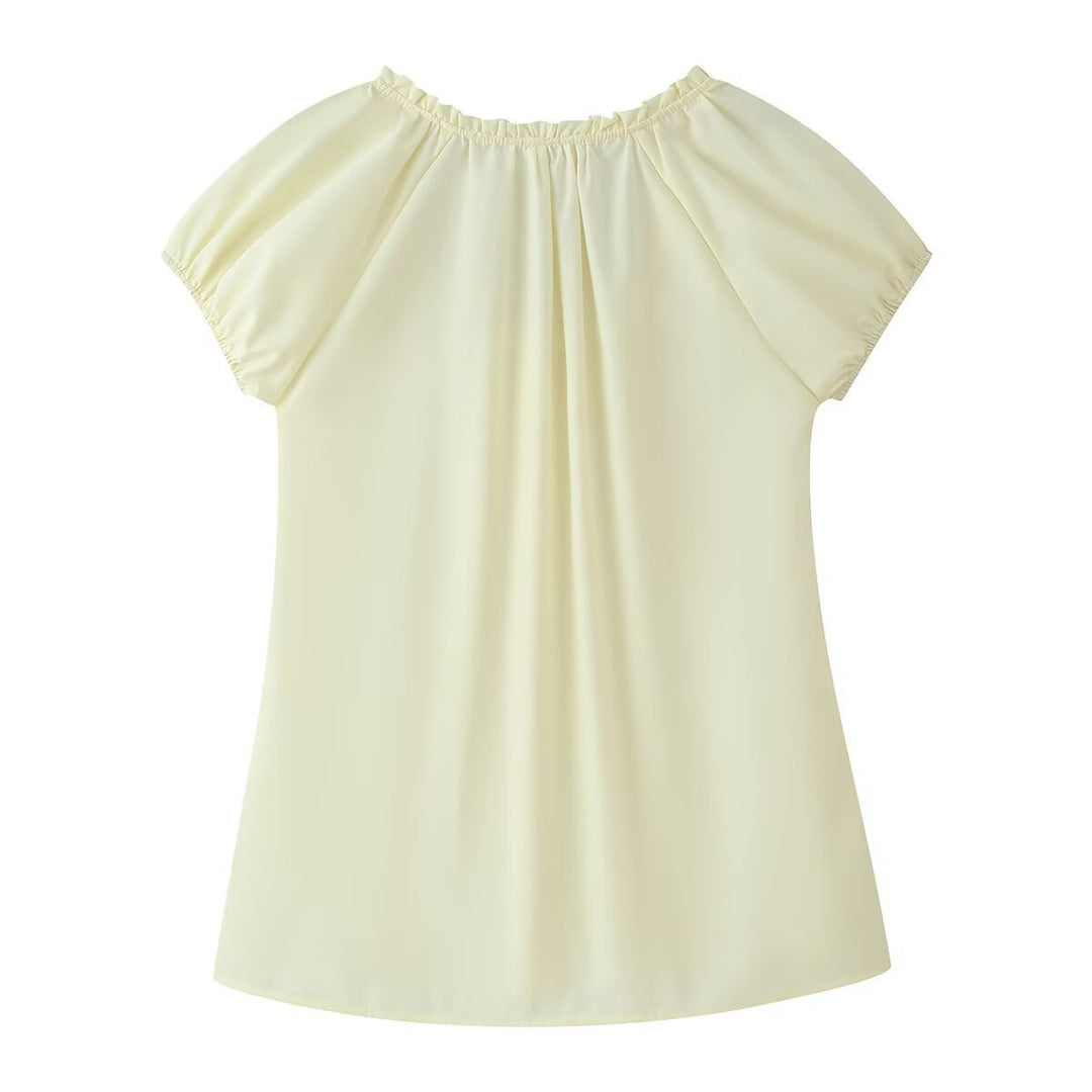 Damen Schlichte Chiffonbluse mit Rüschensaum, kurzen Ärmeln und Biesen-Front Drune