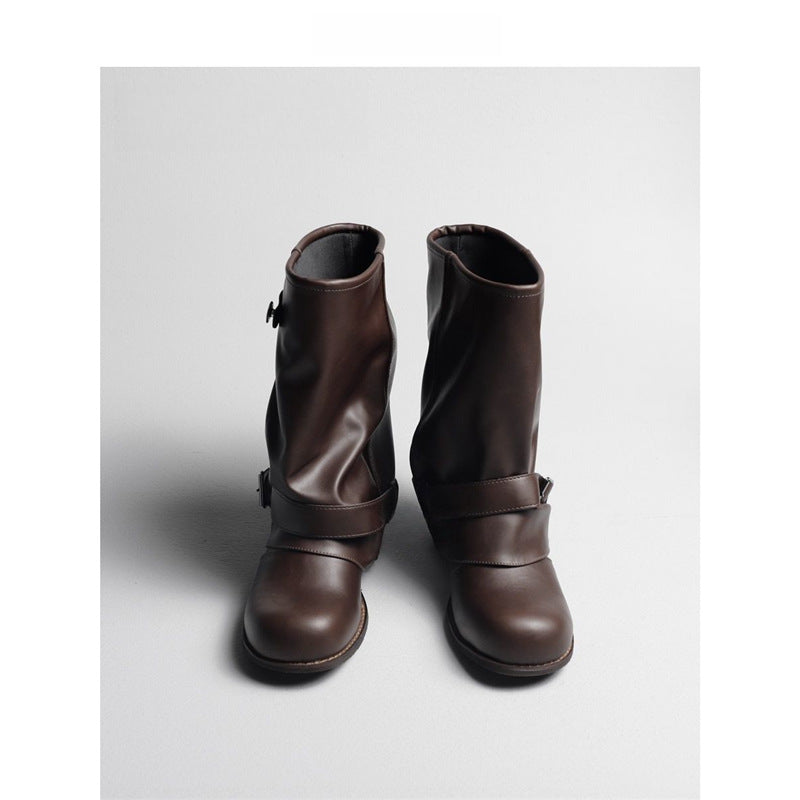 Damen Slouchy Bikerstiefel aus Lederoptik mit verstellbarem Schnallenriemen und mittlerem Blockabsatz Drune
