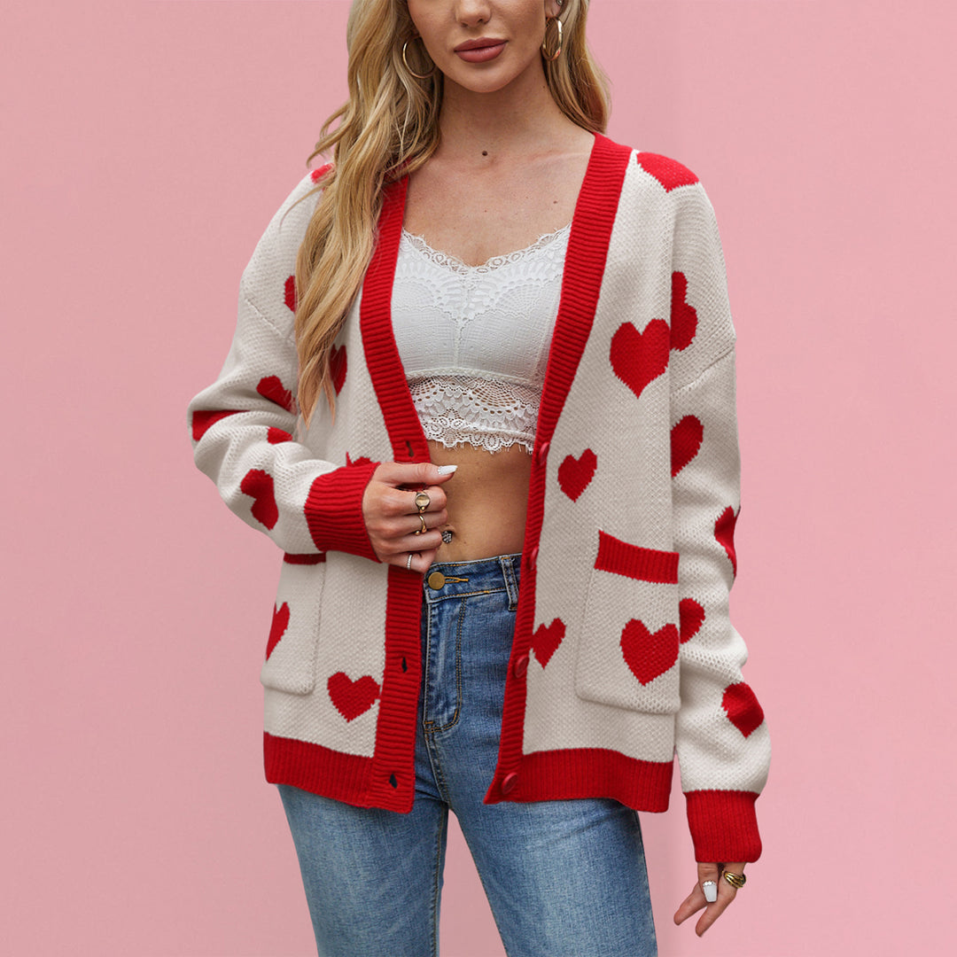 Damen kuschelige Strickjacke mit Herzmuster und großen Taschen Drune