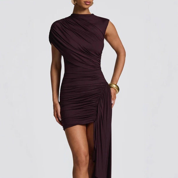 Damen figurbetontes Minikleid mit asymmetrischem Schulterdesign und Drapierung Drune