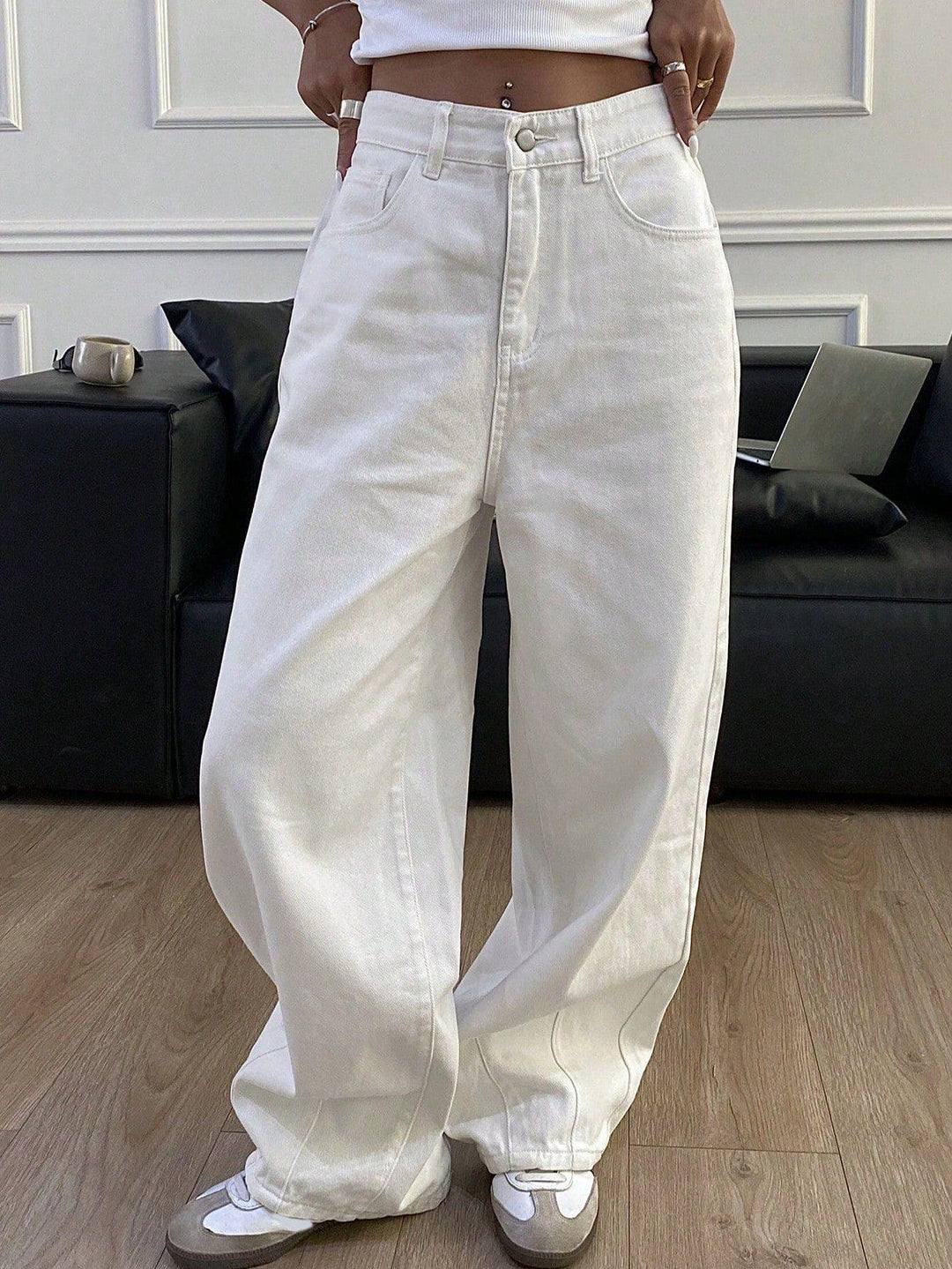Damen weite High-Waist Jeans im Used-Look Drune