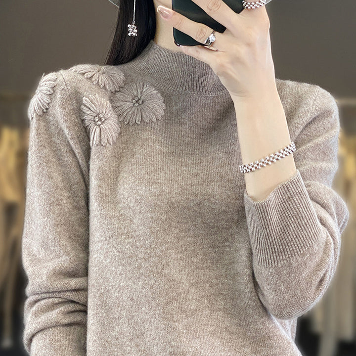 Damen Weicher Feinstrickpullover mit kurzem Stehkragen, 3D‑Blütenapplikation und gerippten Bündchen Drune