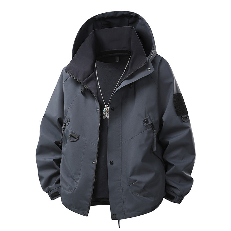 Herren wind- und wasserdichte Softshell-Outdoorjacke mit verstaubarer Kapuze, Utility-Taschen und verstellbaren Bündchen Drune