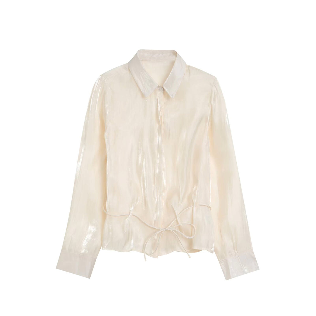 Damen Glänzende Bluse mit Tunnelzugsaum und Hemdkragen Drune