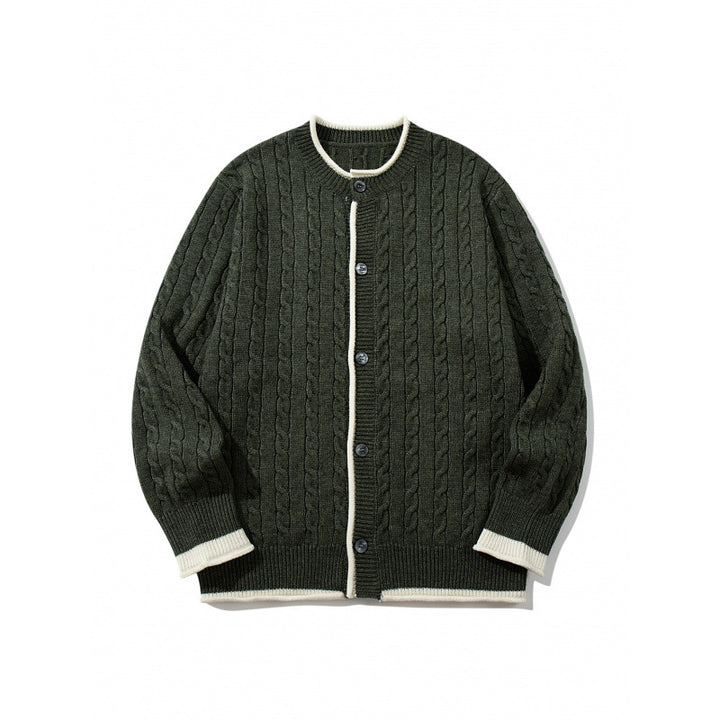 Unisex Feinstrick-Cardigan mit Zopfmuster, Rundhalsausschnitt und Kontrastblende Drune