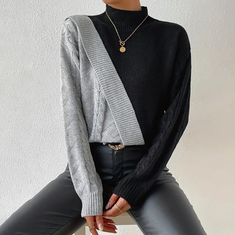 Damen Strickpullover mit asymmetrischem Zopfmuster und hohem Kragen Drune