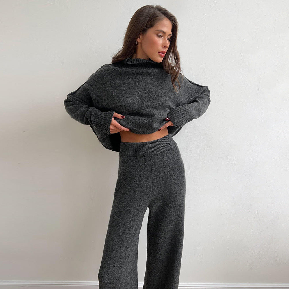 Damen Lässiger Strickanzug mit hohem Kragen und weitem Bein Drune