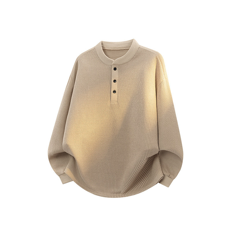Unisex Weitgeschnittener Waffelstrick-Henleypullover mit Stehkragen Drune