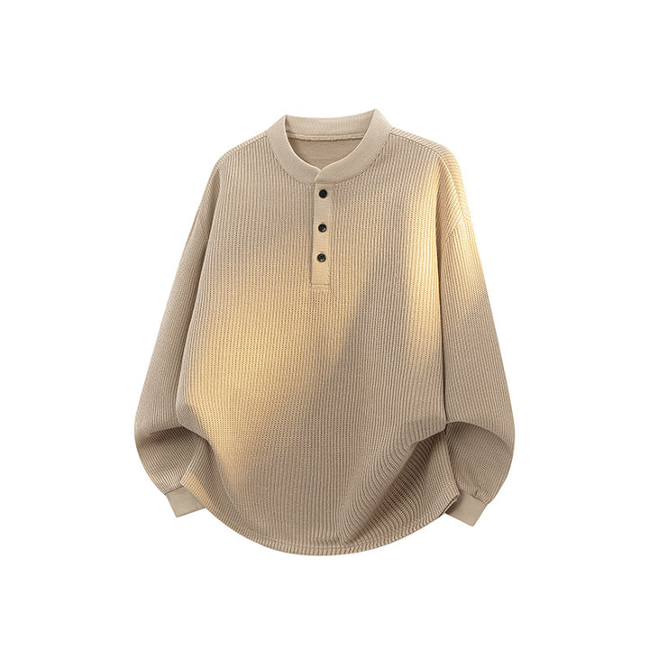 Unisex Weitgeschnittener Waffelstrick-Henleypullover mit Stehkragen Drune