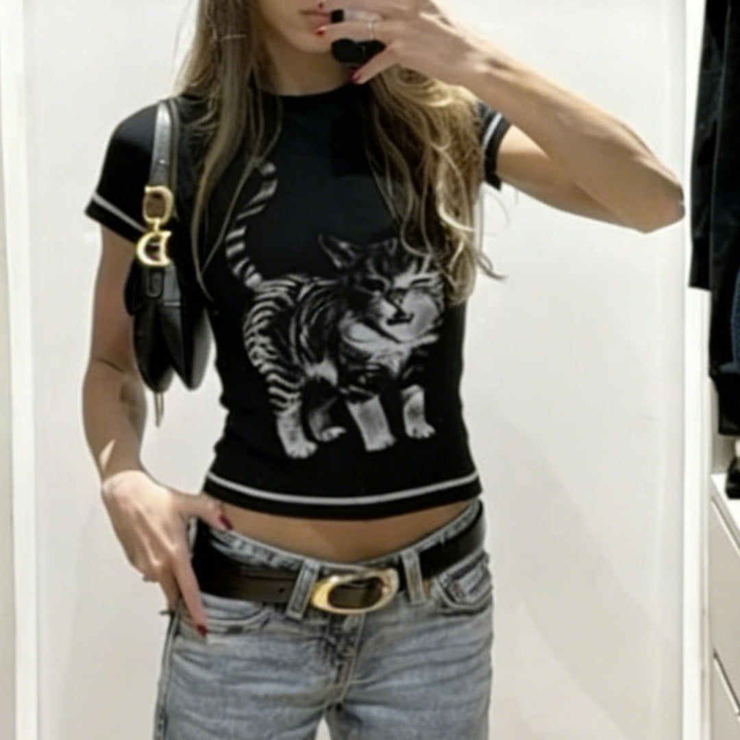 Damen T-Shirt mit kreativem Tierdruck und hochwertigem Baumwollmaterial Drune
