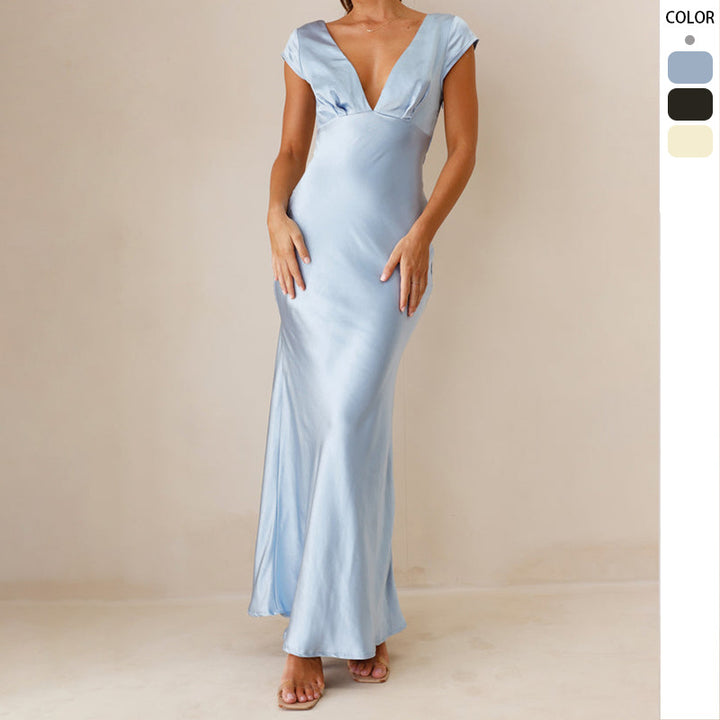 Damen Elegantes Maxikleid mit tiefem V-Ausschnitt und fließendem Satin-Stoff Drune