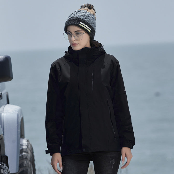 Damen Wasserdichte Outdoorjacke mit Kapuze, atmungsaktiver Membran und Multifunktions‑Reißverschlusstaschen Drune