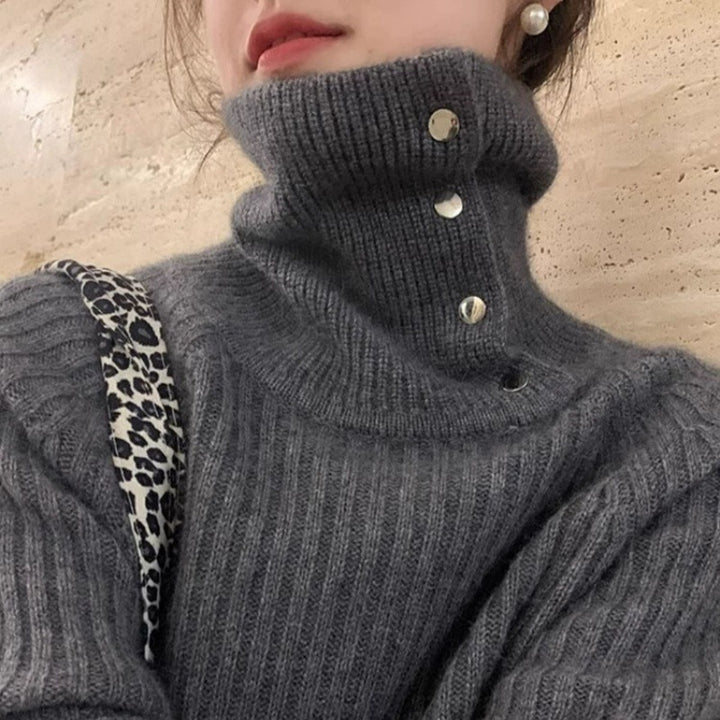 Damen Rollkragenpullover mit Druckknopf‑Leiste und feiner Rippenstruktur Drune