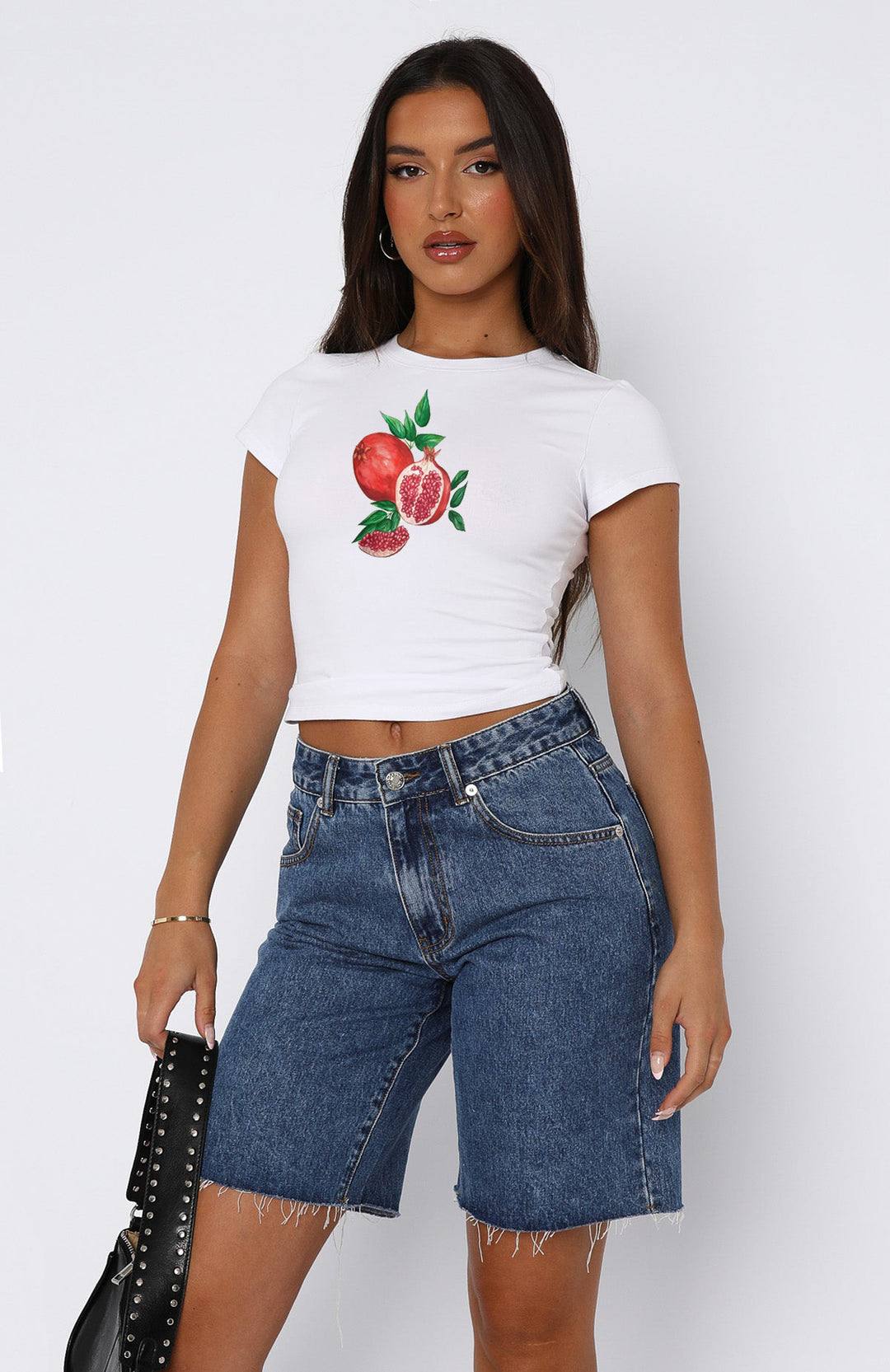 Damen Kurzarm Crop-Top mit fruchtigem Motiv und figurbetontem Schnitt Drune