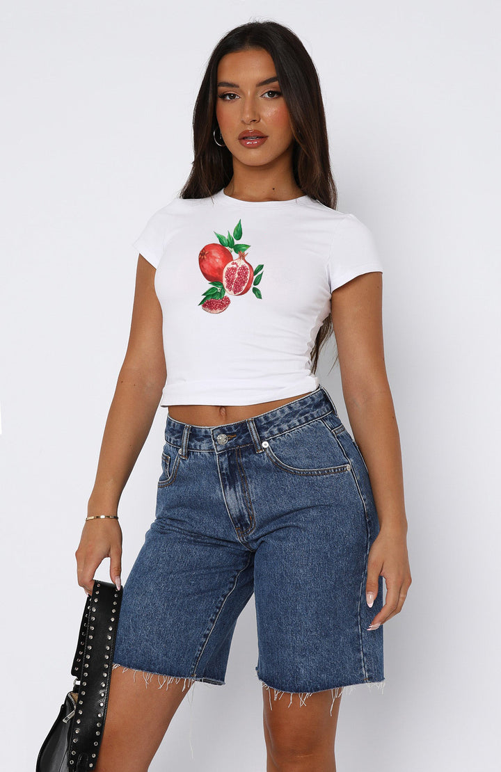 Damen Kurzarm Crop-Top mit fruchtigem Motiv und figurbetontem Schnitt Drune