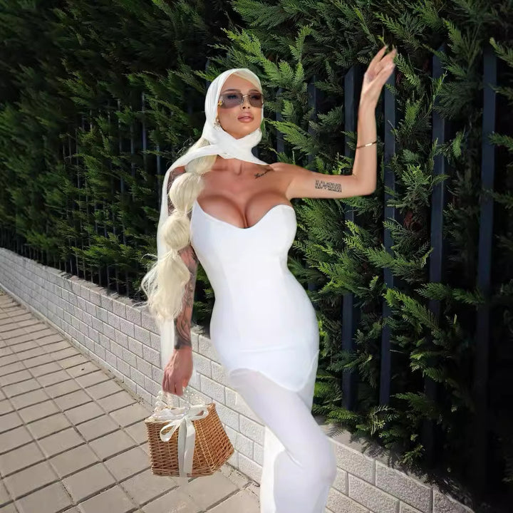 Damen Maxikleid mit asymmetrischem Ausschnitt und figurbetontem Schnitt Drune