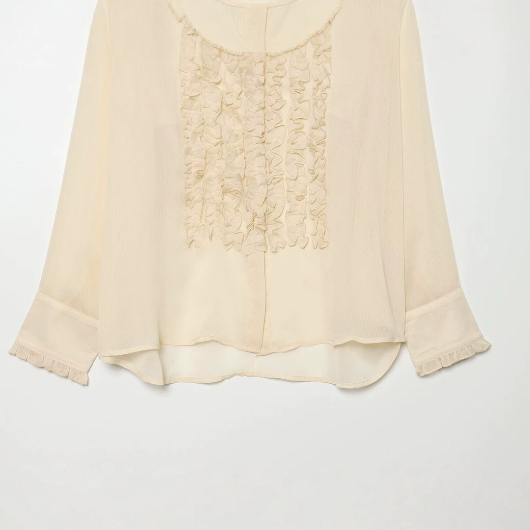 Damen Rüschengesäumte Chiffonbluse mit verdeckter Knopfleiste und übergroßem Hemdkragen Drune