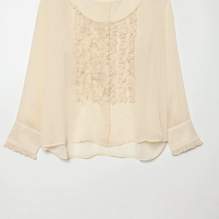 Damen Rüschengesäumte Chiffonbluse mit verdeckter Knopfleiste und übergroßem Hemdkragen Drune