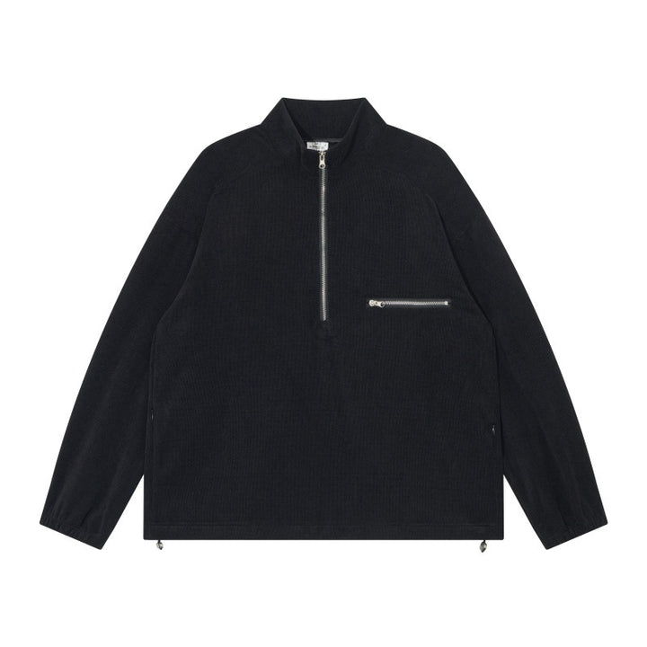 Unisex Oversize Halbzip-Pullover aus Cord‑Mix mit Brust-Reißverschlusstasche und Kordelzugsaum Drune