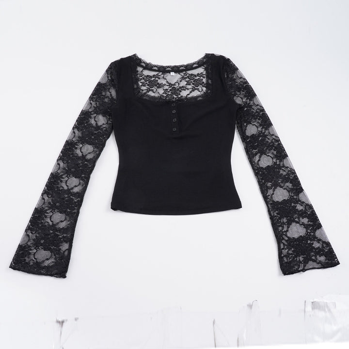 Damen Elegantes Langarmshirt mit Spitze und Knopfdetails Drune