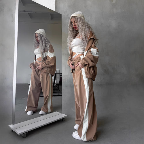 Damen leichte Oversize-Windbreakerjacke mit Kontrastpanelen, Tunnelzugbund und elastischen Bündchen Drune