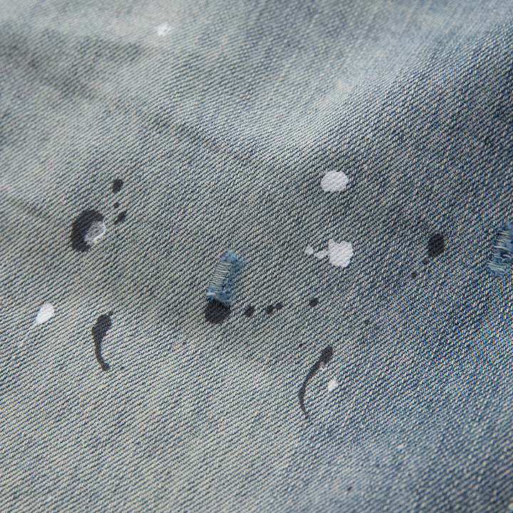 Damen Baggy-Jeans mit hoher Taille, verkürztem Bein und Lackspritzern Drune