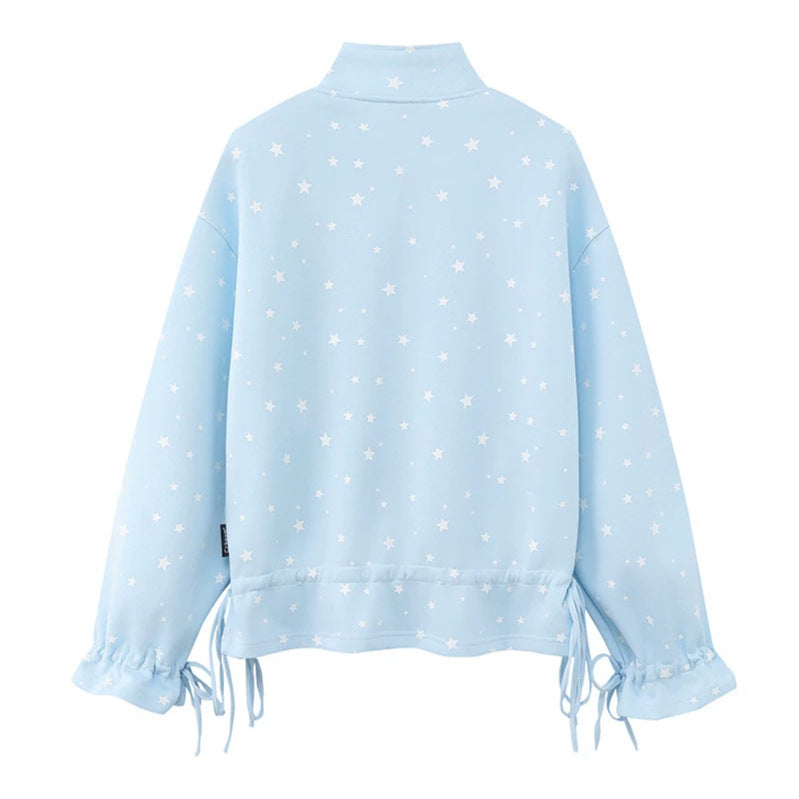 Damen leichte Stehkragen-Sweatjacke mit Sternen-Allover, Applikationen und Kordelzug Drune