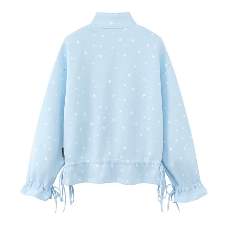Damen leichte Stehkragen-Sweatjacke mit Sternen-Allover, Applikationen und Kordelzug Drune
