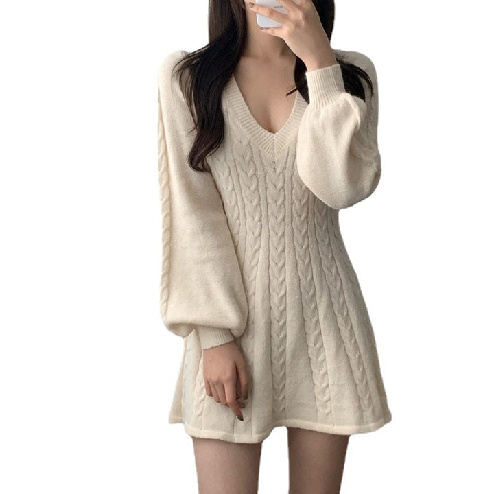 Damen Strickkleid mit V-Ausschnitt und ärmellosem Design Drune