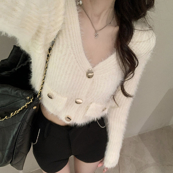 Damen Flauschige Strickjacke mit V-Ausschnitt und dekorativen Knöpfen Drune
