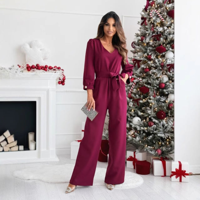 Damen Eleganter Jumpsuit mit taillierbarem Gürtel und V-Ausschnitt Drune