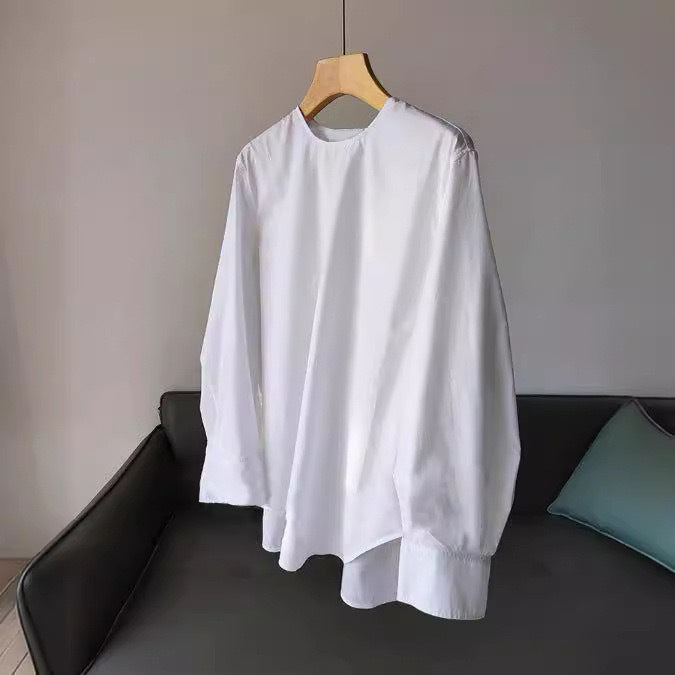 Damen Oversize-Bluse aus leichtem Baumwollmix mit weiten Ballonärmeln und verlängertem Rückensaum Drune
