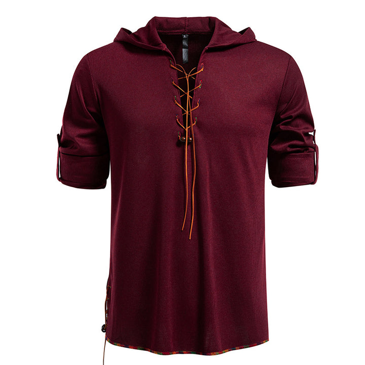 Herren Leichtes Kapuzen-Langarmshirt mit Schnürfront und aufrollbaren Dreiviertel-Ärmeln Drune