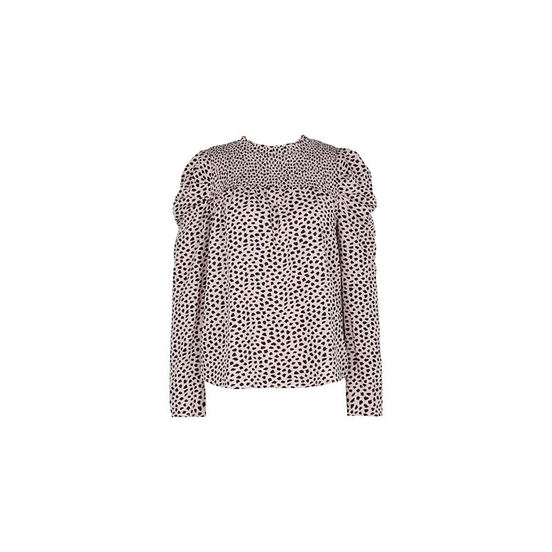 Damen Gepunktete Bluse mit Smok‑Passe, Puffärmeln und lockerem Fall Drune