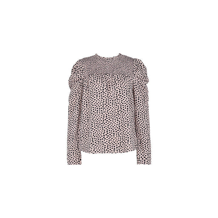 Damen Gepunktete Bluse mit Smok‑Passe, Puffärmeln und lockerem Fall Drune